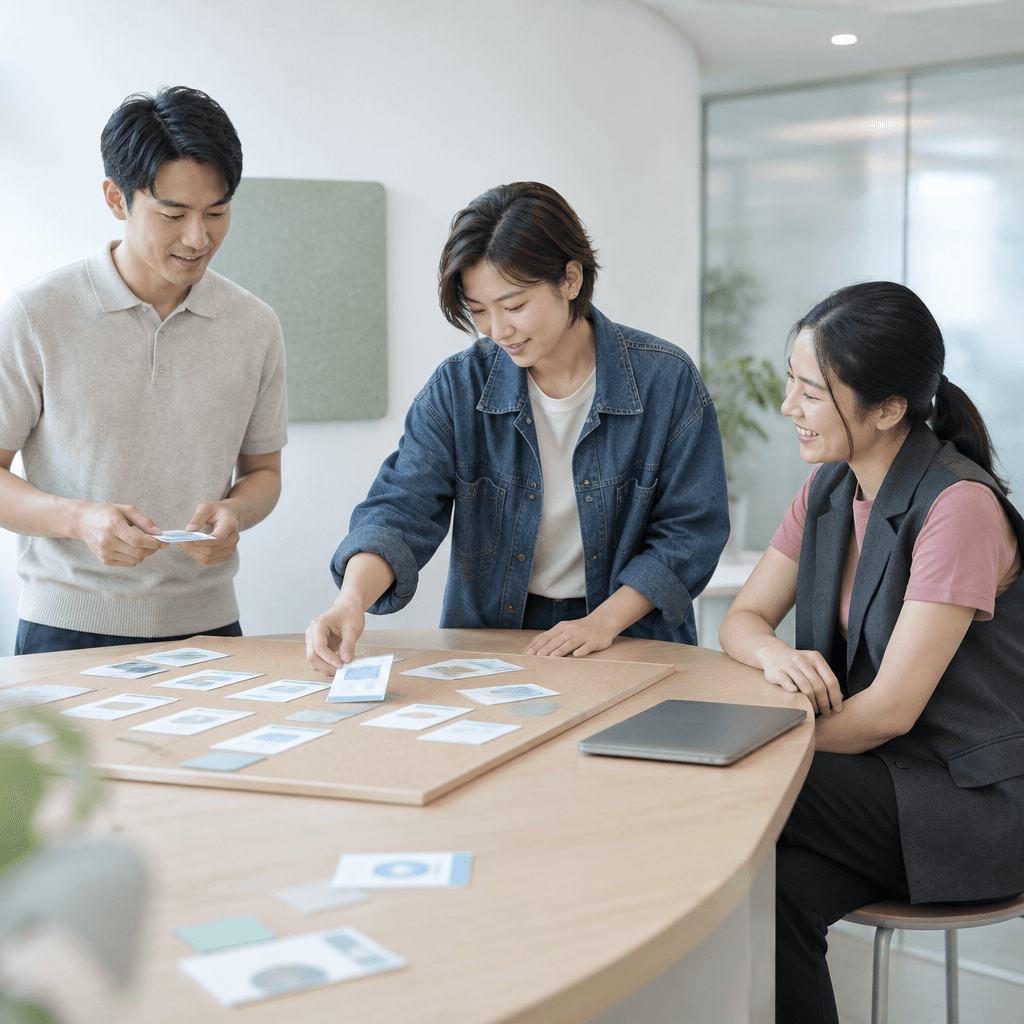 テーブルで資料を囲んで話す人たち