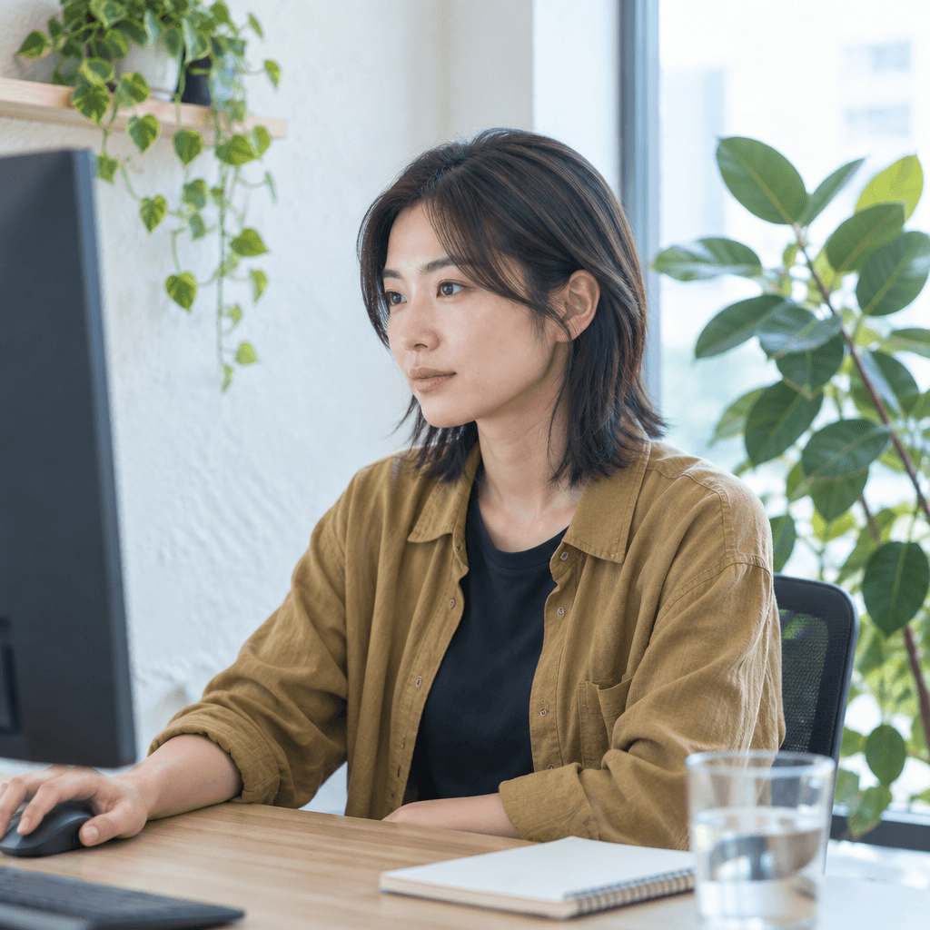 植物のある窓辺で仕事をする女性